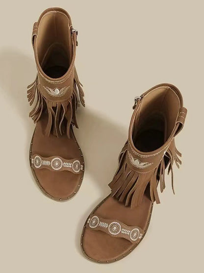Vivienne Embroidered Butterfly Peep-Toe Booties with Tassels