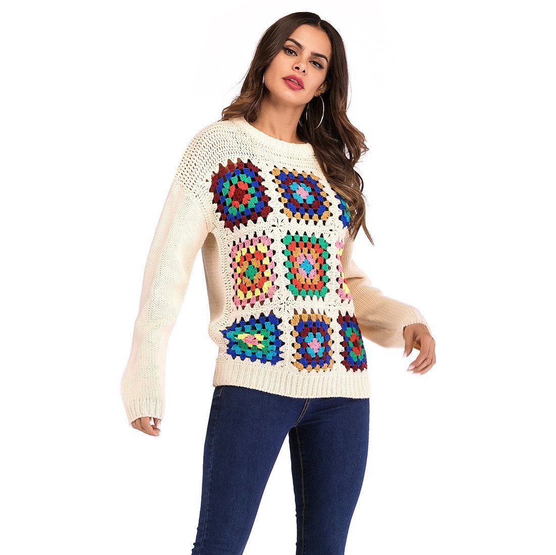 Boho Handmade Square Pattern Knit Stiching Sweater