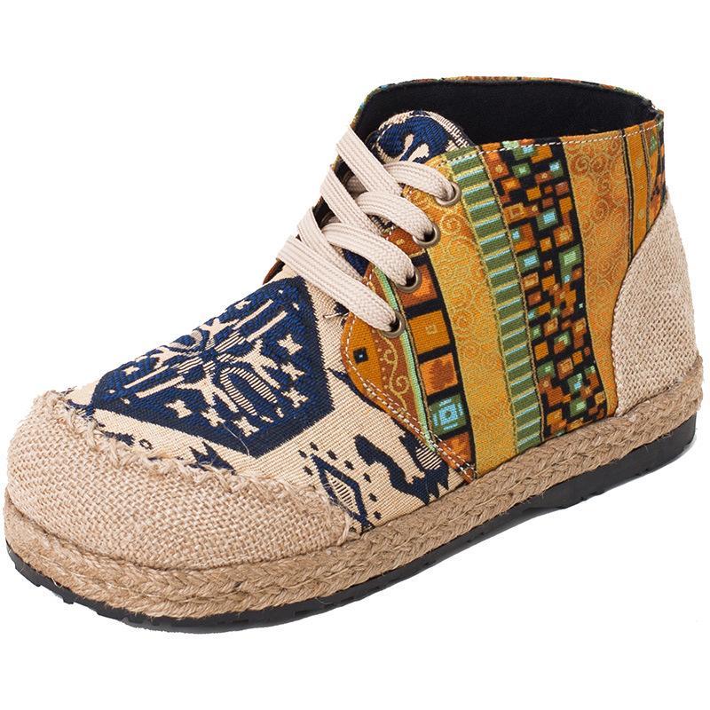 Vintage Boho Folk Pattern Lace-Up Flat Canvas Shoes