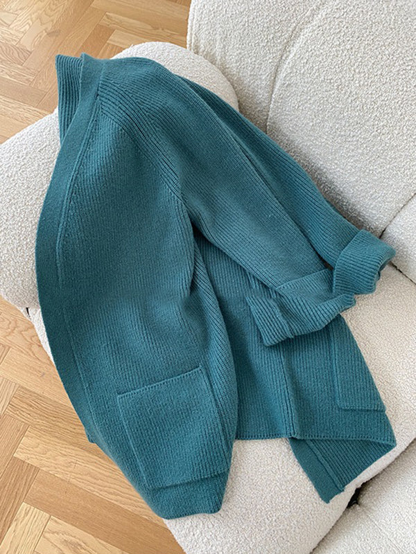 Wide Leg Belted Pockets Solid Color High-Neck Cardigan&Sweater Tops&Pants Suits