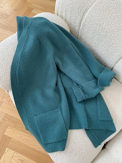 Wide Leg Belted Pockets Solid Color High-Neck Cardigan&Sweater Tops&Pants Suits