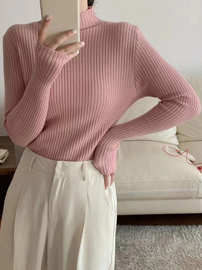 Long Sleeves Skinny Solid Color Mock Neck Knitwear Pullovers Sweater Tops