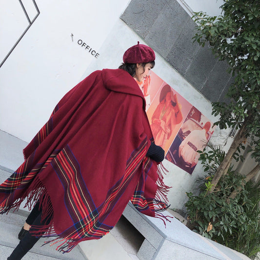 Ethnic Style Cape Shawl Women'S Cape With Hat Thickened Warm Tibetan Scarf Cape Jacket