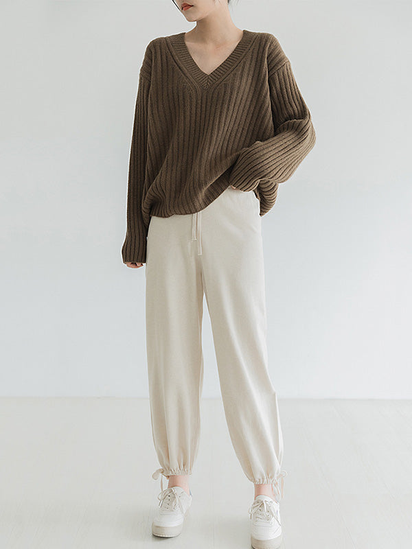 Casual Loose Solid Color V-Neck Sweater Tops