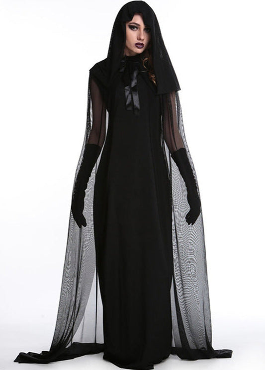 Long Black Dress With Sheer Hooded Cape