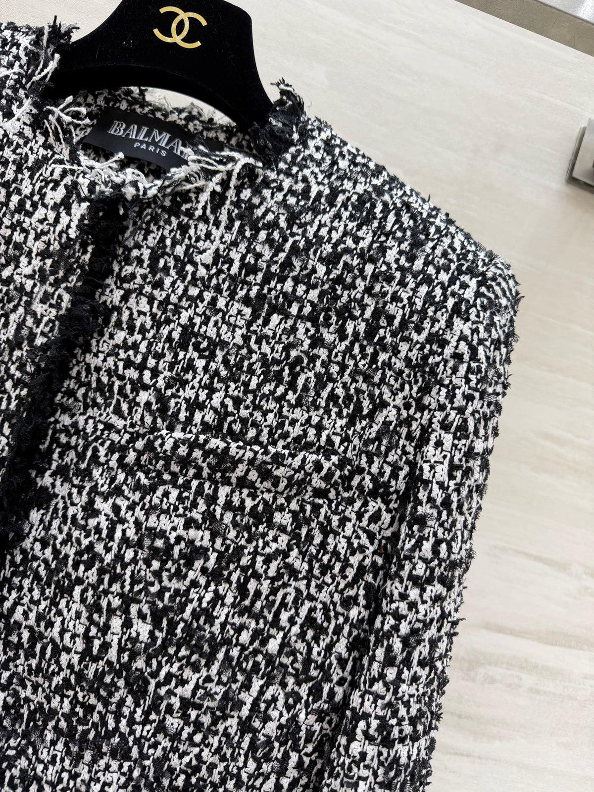 Balmain Short Jacket Black White Tweed 344762