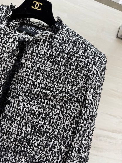 Balmain Short Jacket Black White Tweed 344762
