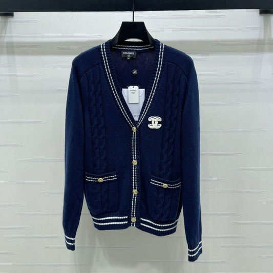 CHANEL 26 PREPPY CABLE KNIT DARK BLUE CARDIGAN 335374