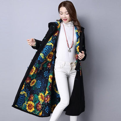 Autumn And Winter National Style Printing  Long Coat