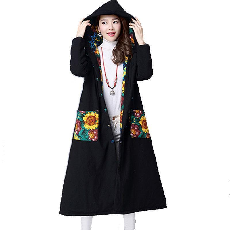 Autumn And Winter National Style Printing  Long Coat