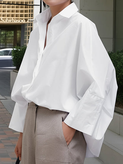 Long Sleeves Loose Solid Color Lapel Collar Blouses&Shirts Tops