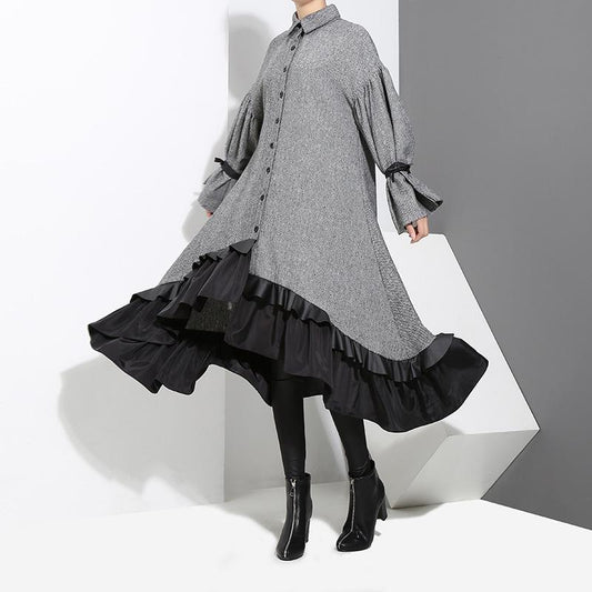 Dress Temperament Women'S Long Sleeve Ruffled Shirt Dress.