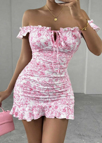 Floral Mini Dress Pink Ruched Off Shoulder