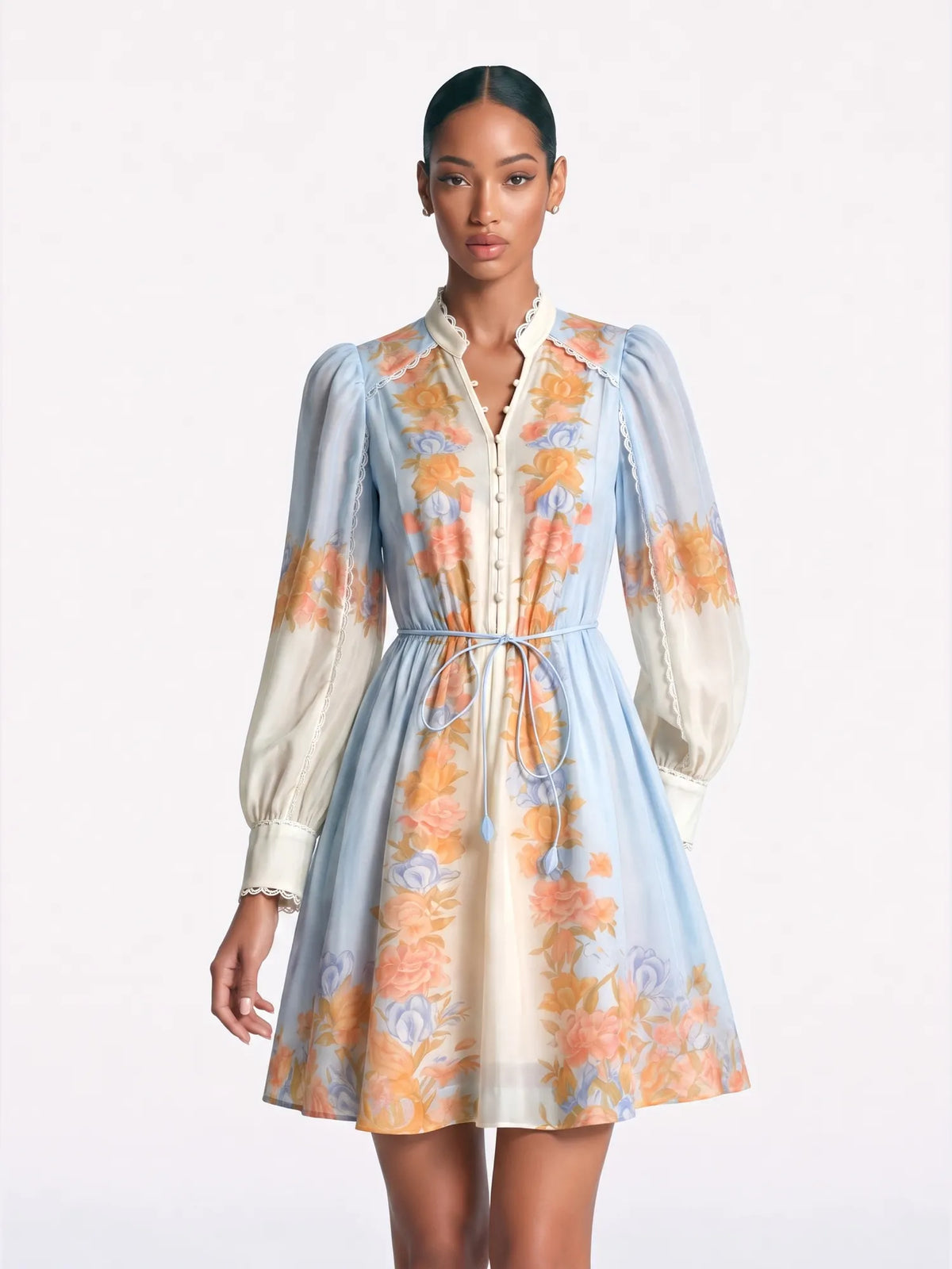 Zoe Floral Puff Sleeve Tie-Waist Mini Dress