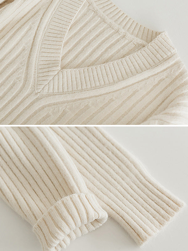 Casual Loose Solid Color V-Neck Sweater Tops