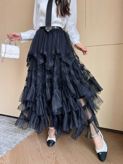 CC 25 Mesh Long Skirt Black Polyester Fiber