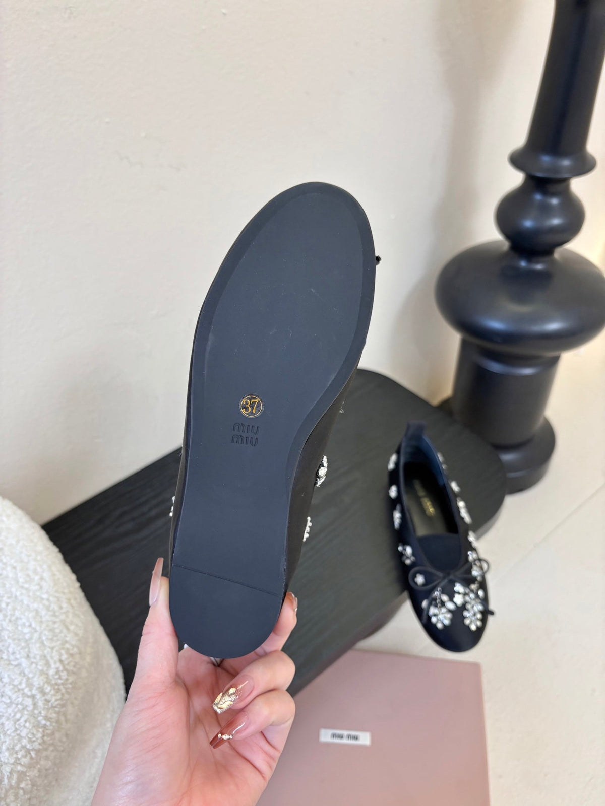 Miu Ballet Flat With Floral Crystal Dark Navy Blue Silk