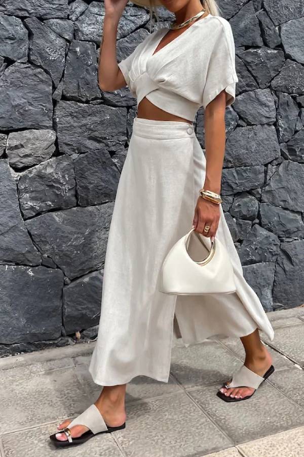 Casual Solid V-Neck Top \u0026 Skirt Two-Piece Set