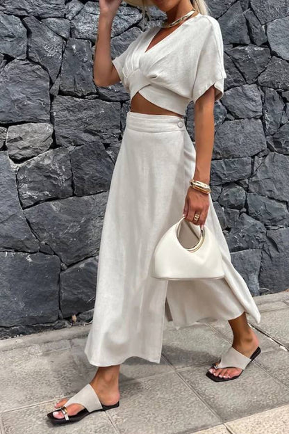 Casual Solid V-Neck Top \u0026 Skirt Two-Piece Set