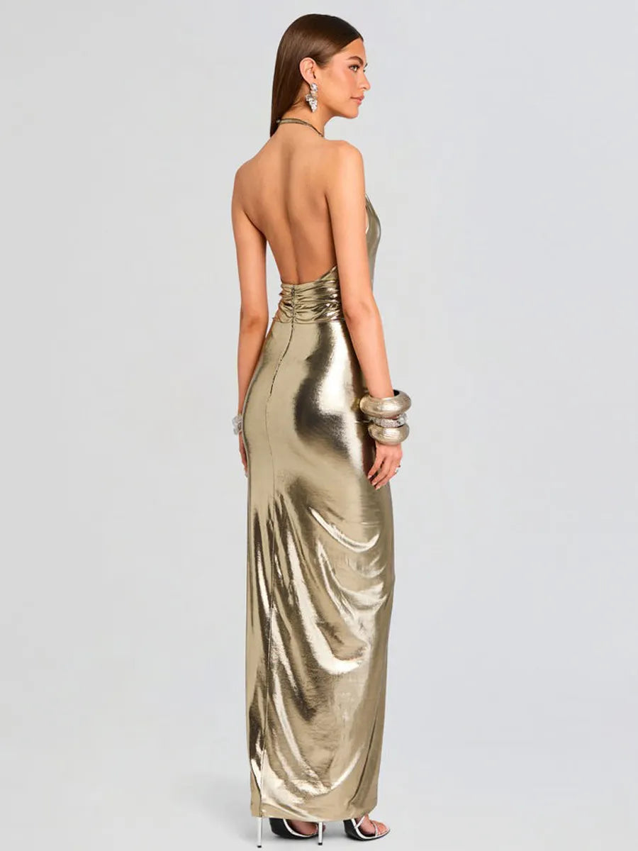 Raina Shiny Pleated Maxi Dress