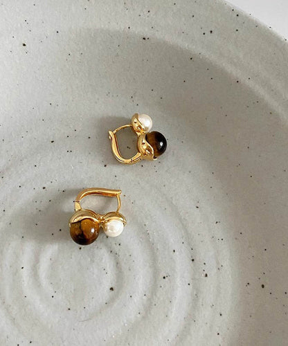Boho Gold Copper Alloy Cat Eye Stone Pearl Hoop Earrings