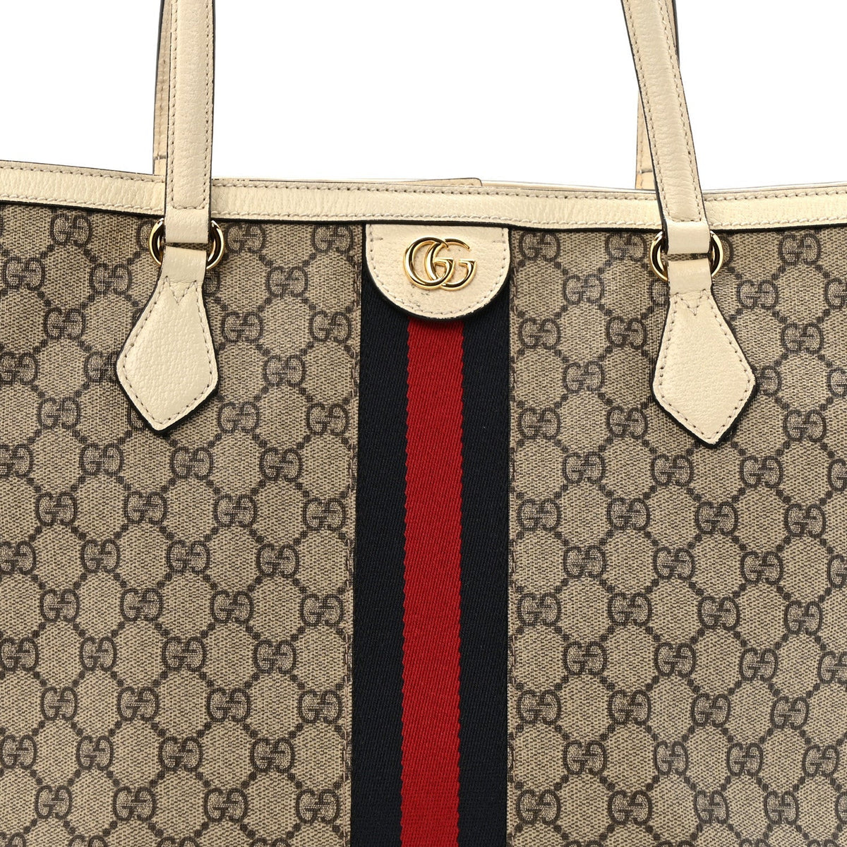 GG Supreme Monogram Textured Dollar Calfskin Web Medium Ophidia Shopping Tote Beige Ebony Mystic White