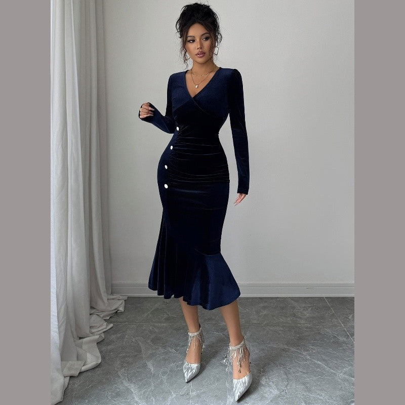 V-Neck Long-Sleeved Bodycon Dress