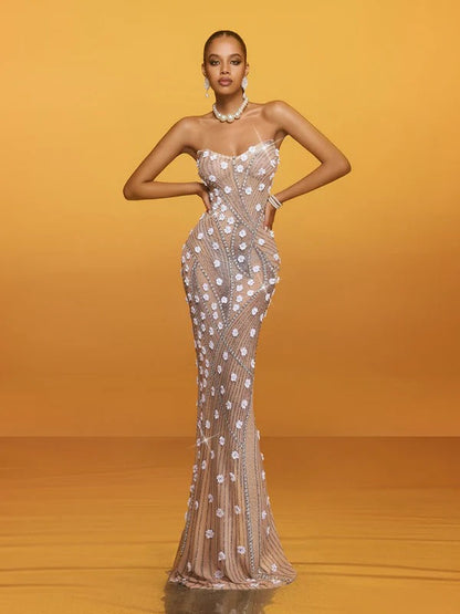 Akrion Strapless Rhinestone Flower Maxi Dress