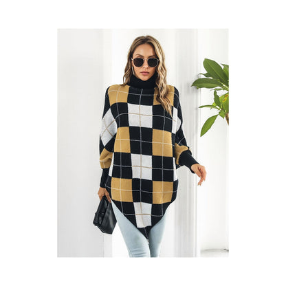 Casual Loose Batwing Sleeves Checkerboard High-Neck Sweater Tops