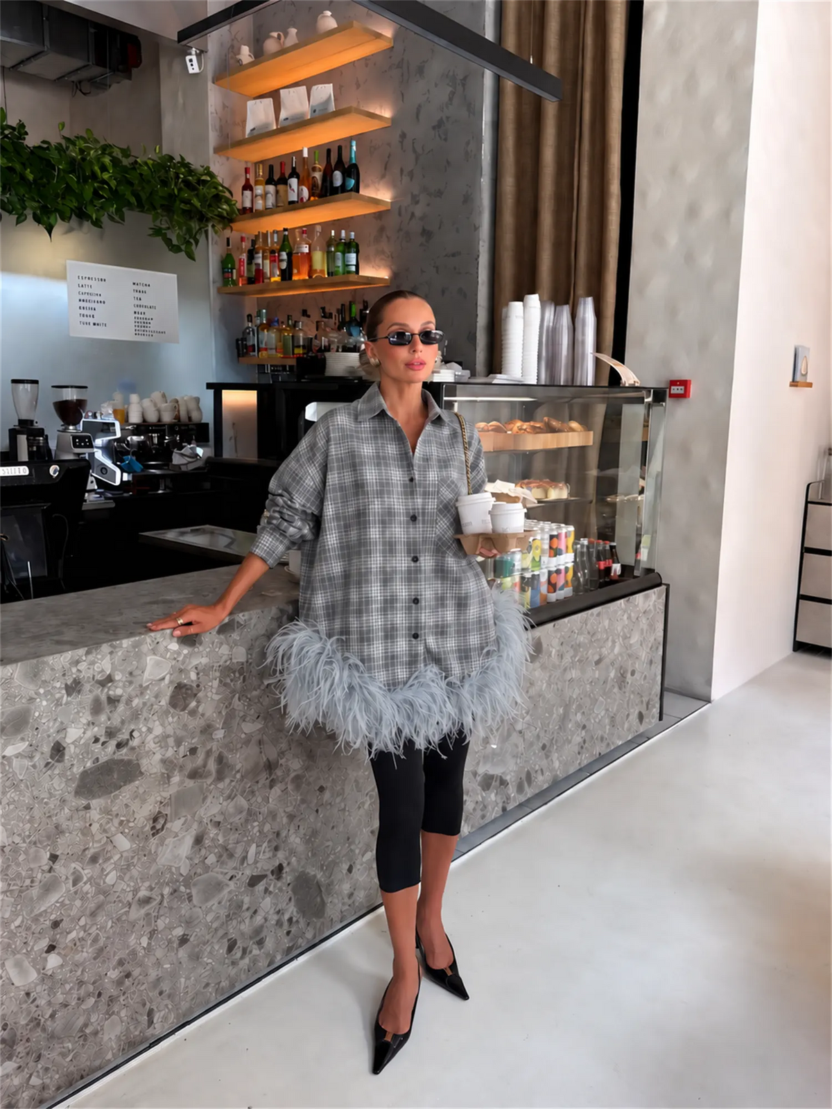 Kaelin Plaid Feather Trim Mini Shirt Dress In Black