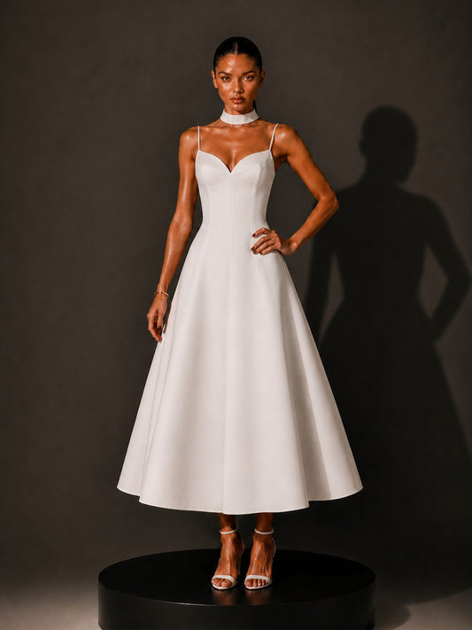 Ruby Retro-Elegant V-Neck Midi Dress In White