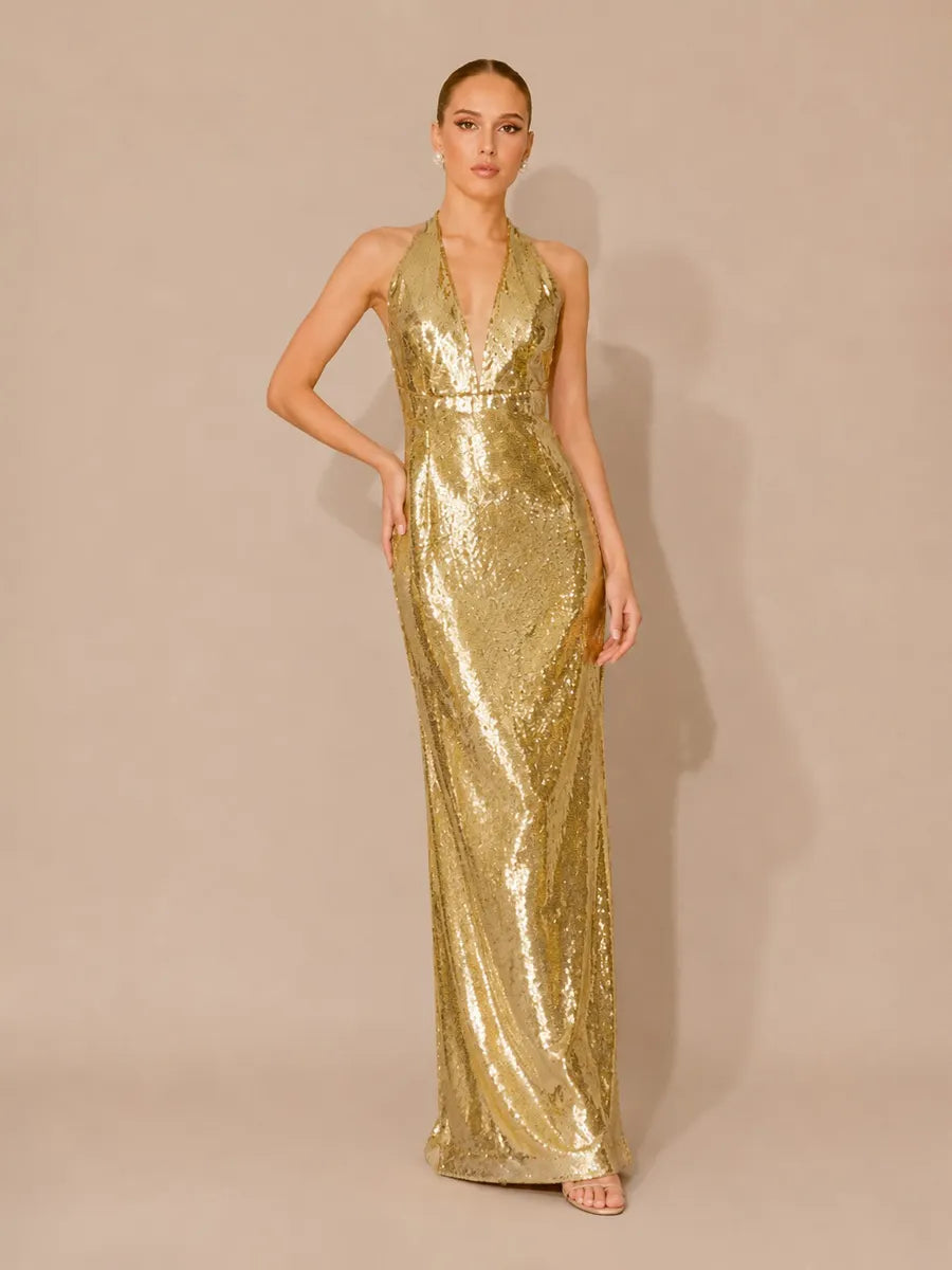 Kiara Backless Sleeveless Halter Sequin Maxi Dress