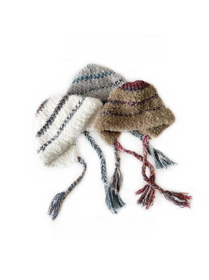 Haila - Winter Striped Knitted Beanie with Cute Braids