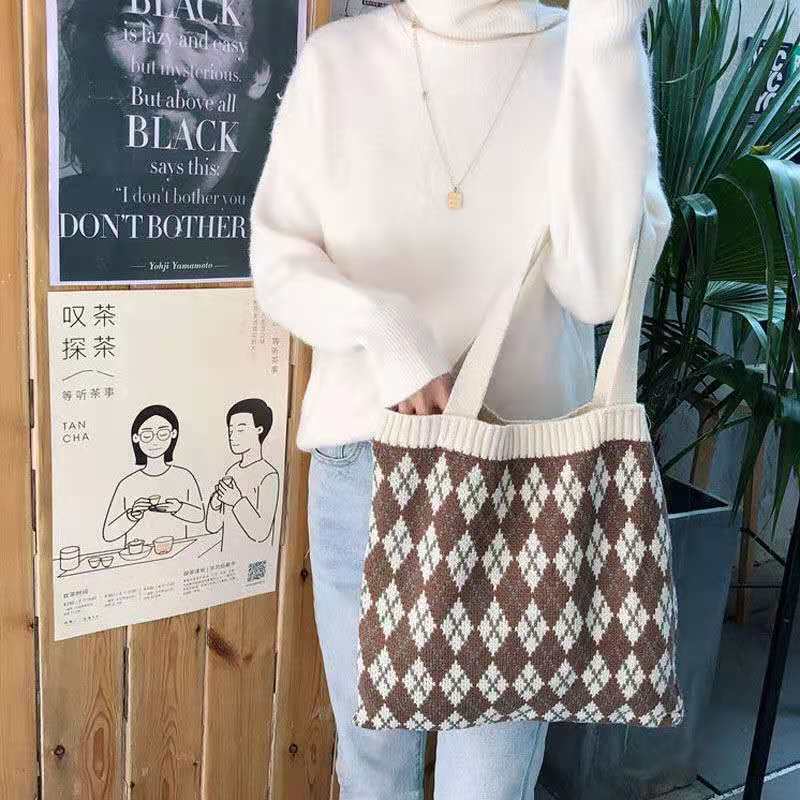 Crochet Tote Bag Vintage Diamond Woven Wool Bag