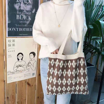 Crochet Tote Bag Vintage Diamond Woven Wool Bag