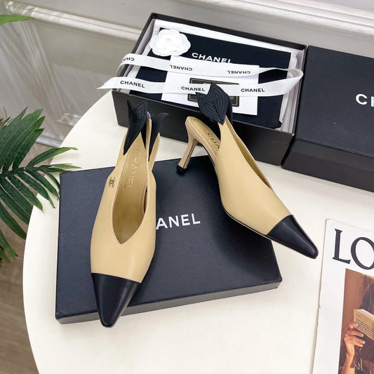 CC 26 SS Open-Back Sandals 7.5cm Beige Black Calfskin 586933