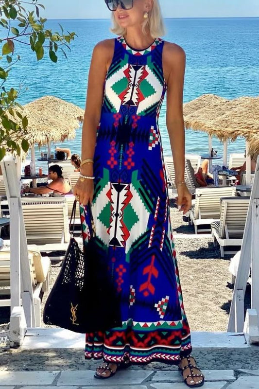 Unique Printed Round Neck Sleeveless Holiday Maxi Dress