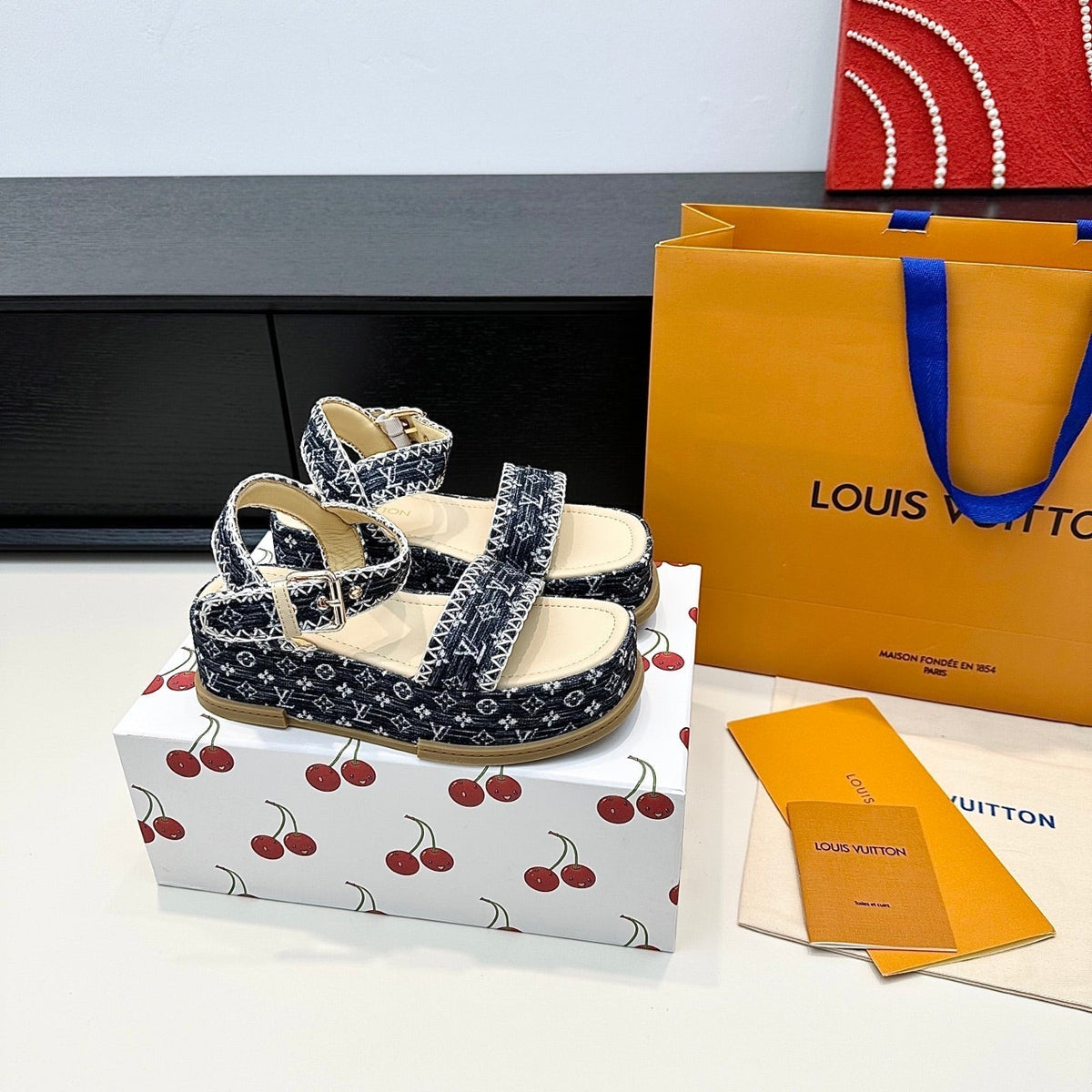 LV Maya Platform Sandals 6cm Blue Denim Beige Cowhide 572500