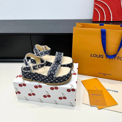 LV Maya Platform Sandals 6cm Blue Denim Beige Cowhide 572500