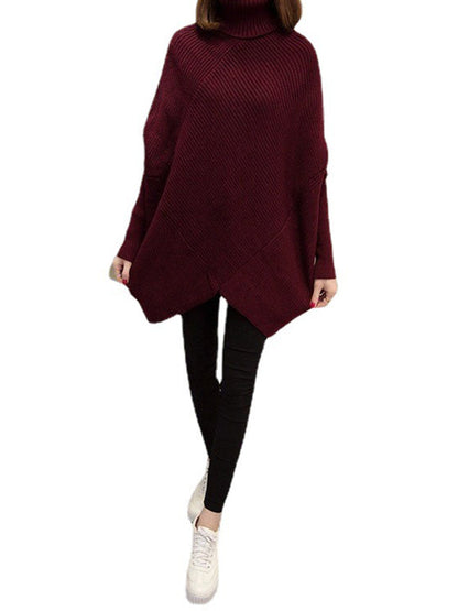 Casual Loose Batwing Sleeves Solid Color High-Neck Sweater Tops