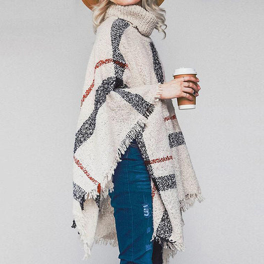 Sweater Women'S Mid-Length High Collar Fringe Cape Loose Large Size Knit