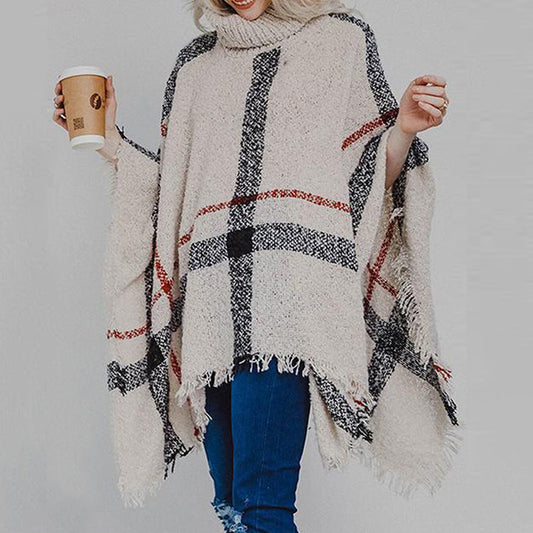 Sweater Women'S Mid-Length High Collar Fringe Cape Loose Large Size Knit