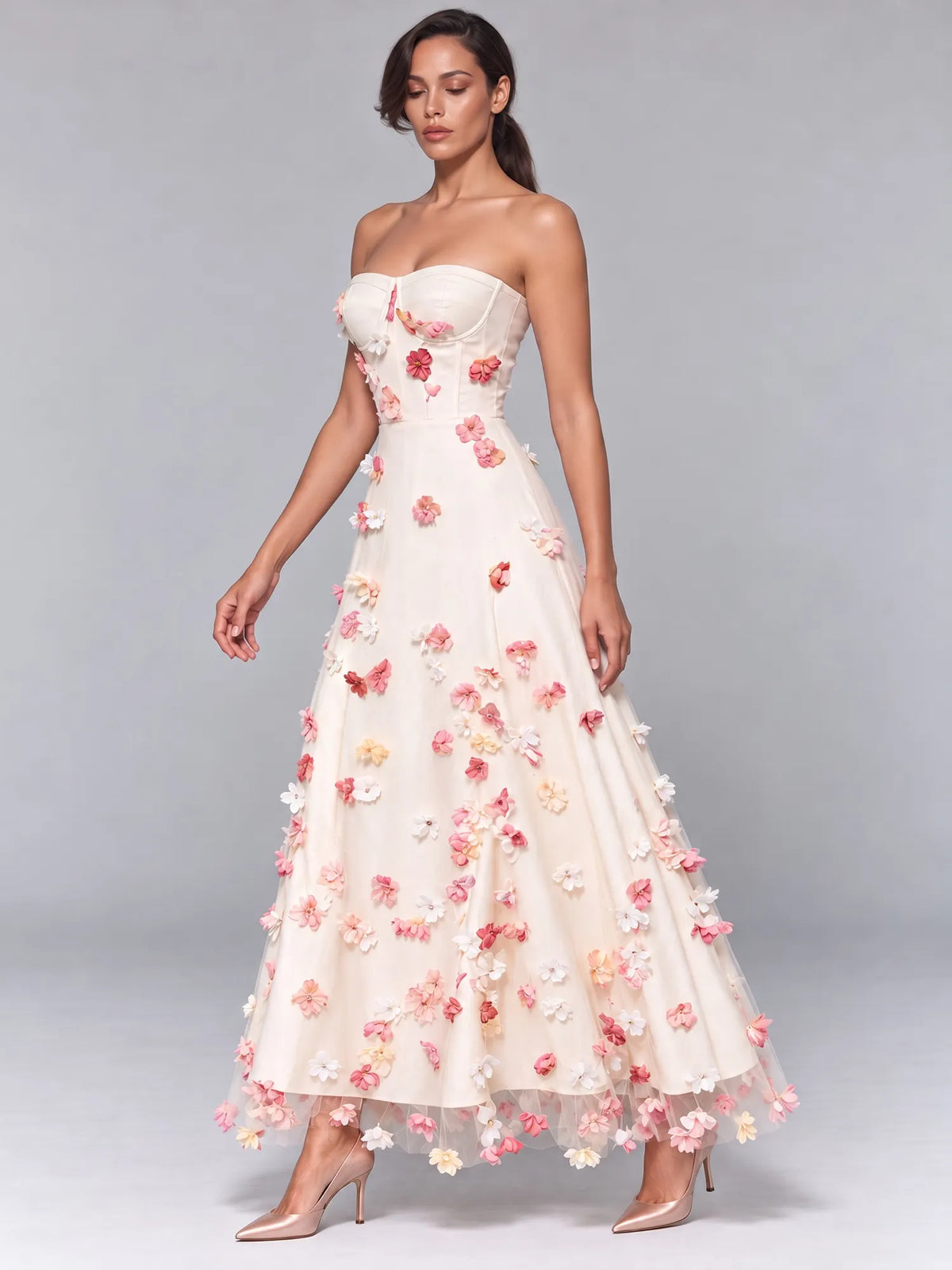 Peyton 3D Floral Strapless Midi Dress