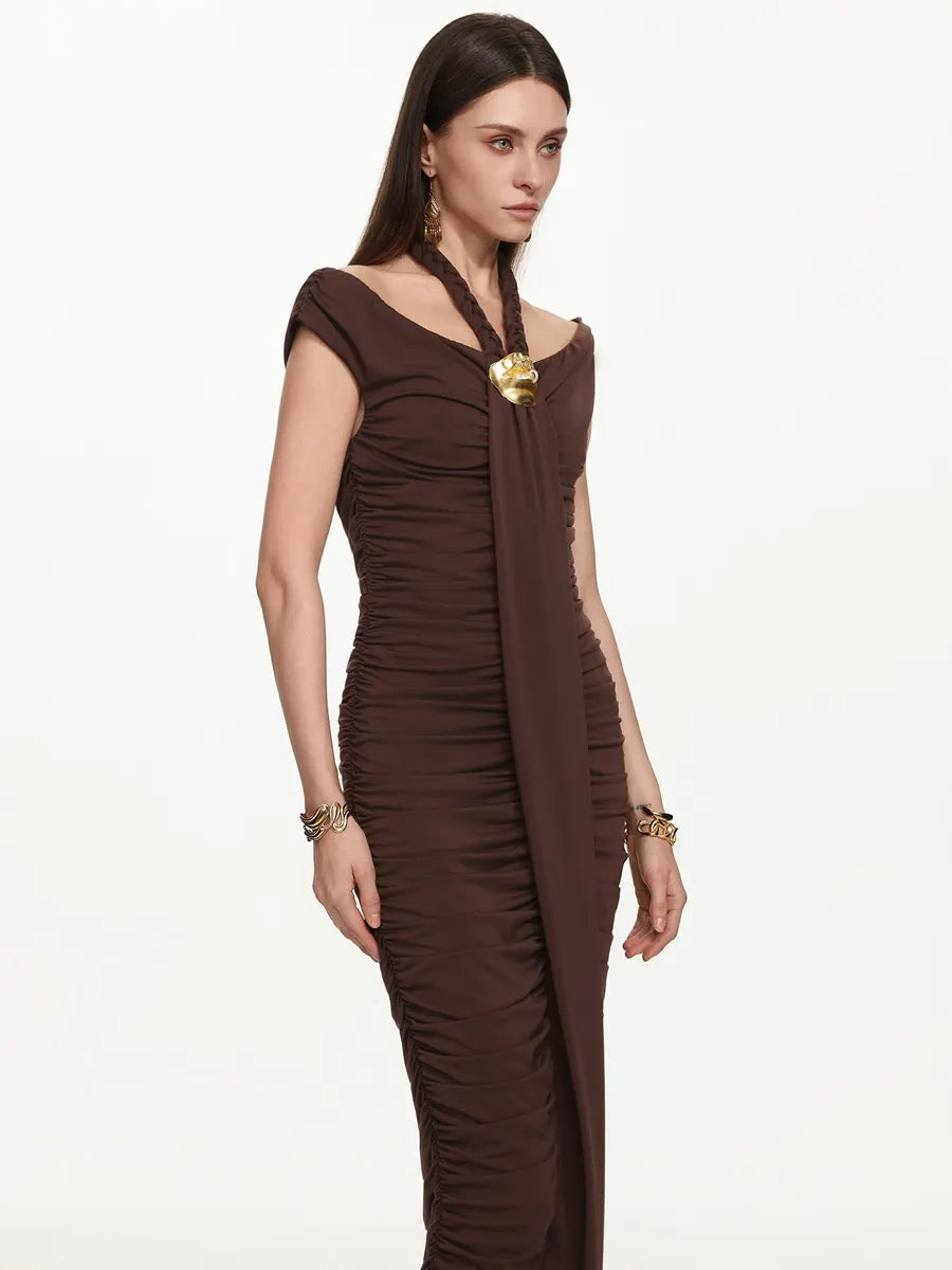 Greta Elegant Sleeveless Ruched Knit Brown Maxi Dress