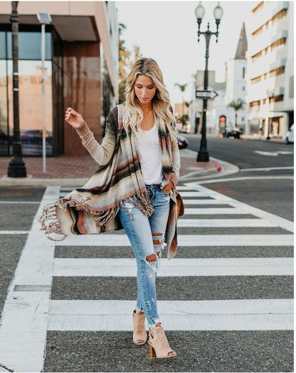 Tassels Long Sleeve Irregular Hem Cowl Neck Sweater
