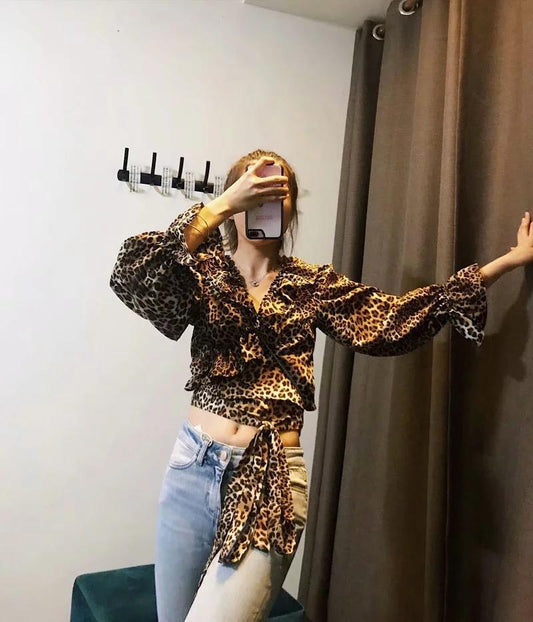 Leopard Print Long Sleeve Casual Tops