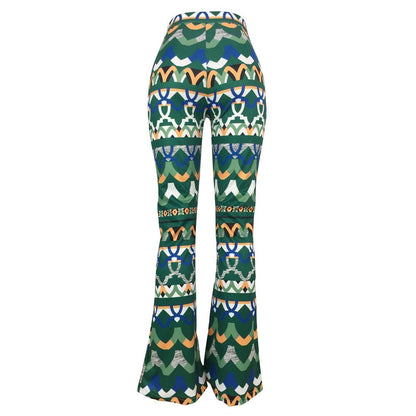 Yt3073 Fashionable Floral Print Green Leisure Pants Women'S Printed Micro Trumpet Trousers