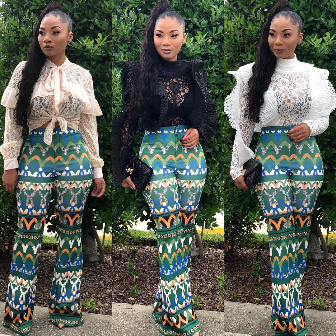 Yt3073 Fashionable Floral Print Green Leisure Pants Women'S Printed Micro Trumpet Trousers