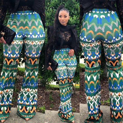 Yt3073 Fashionable Floral Print Green Leisure Pants Women'S Printed Micro Trumpet Trousers