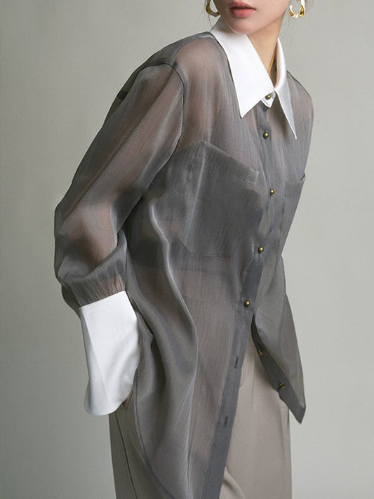 Retro Loose Contrast Collar Buttoned Blouses